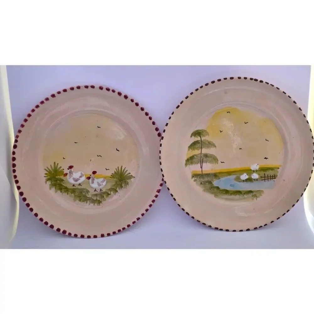 Vintage Handmade Hand Painted Art Pottery Plates Set 2 Raised Sheep Chicken Farm